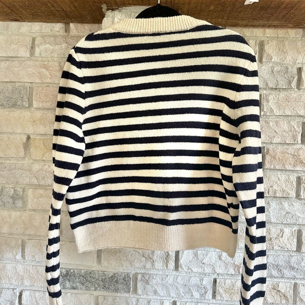 Mango Striped Knitted Cardigan Gold Jewel Buttons Navy Cream Size M Preppy EUC - Picture 5 of 13